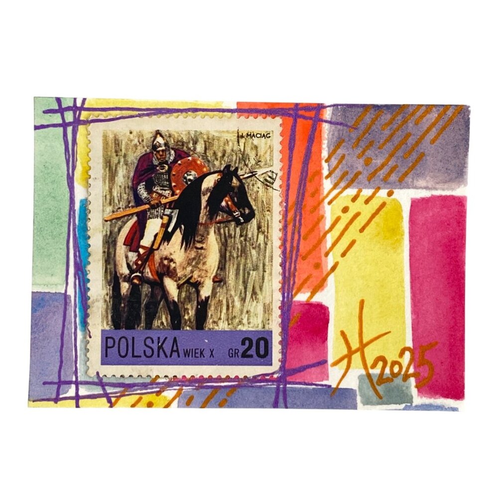 ACEO Original Art Watercolor 1947 Poland Cavalry Piast Knight Postage Stamp ATC